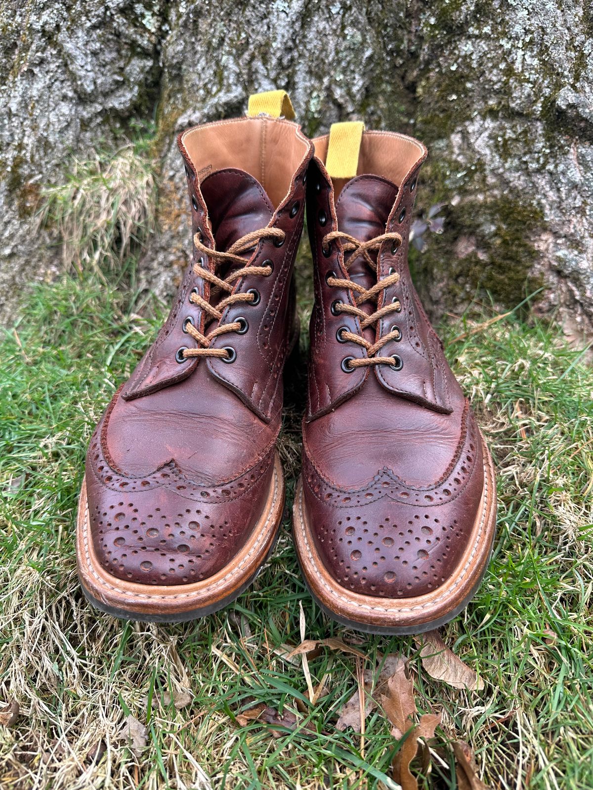 Photo by Ohmayer on January 1, 2024 of the Tricker's Stow Country Boot in C.F. Stead Bordeaux Oiled Shoulder.