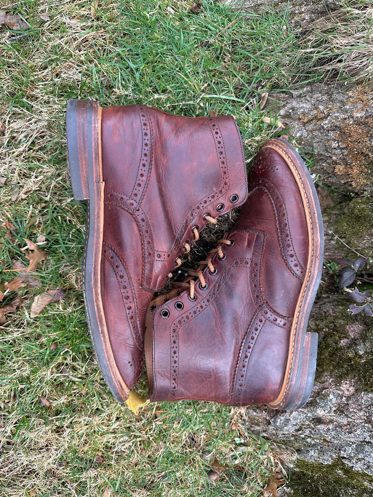 Photo by Ohmayer on January 1, 2024 of the Tricker's Stow Country Boot in C.F. Stead Bordeaux Oiled Shoulder.