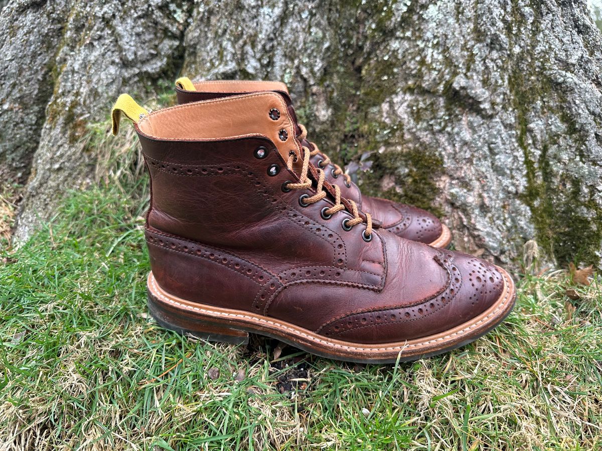 Photo by Ohmayer on January 1, 2024 of the Tricker's Stow Country Boot in C.F. Stead Bordeaux Oiled Shoulder.