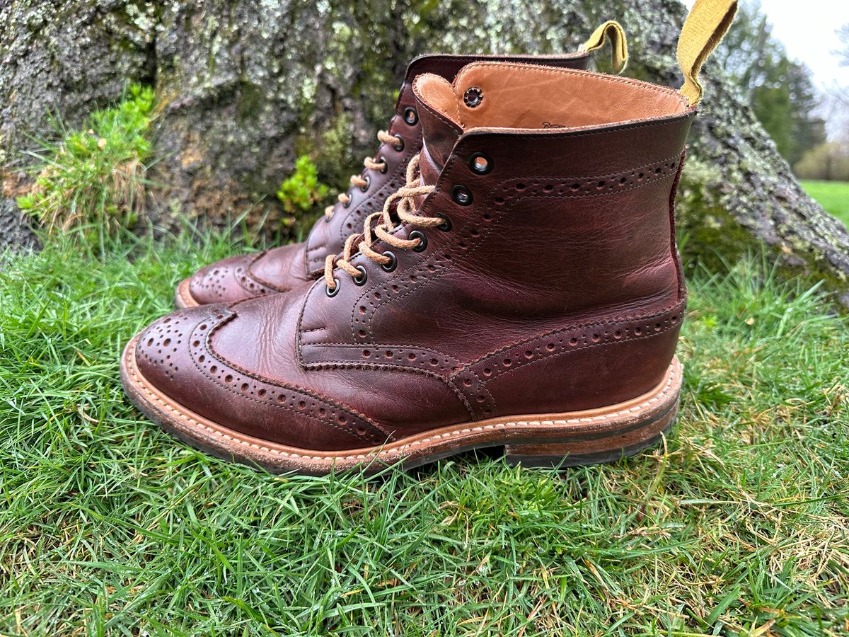 Photo by Ohmayer on April 2, 2024 of the Tricker's Stow Country Boot in C.F. Stead Bordeaux Oiled Shoulder.