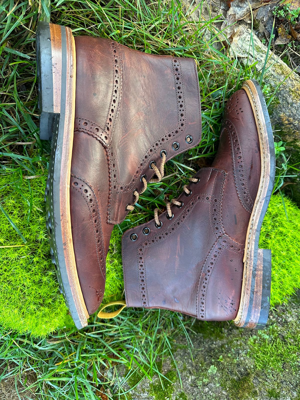 Photo by Ohmayer on October 1, 2023 of the Tricker's Stow Country Boot in C.F. Stead Bordeaux Oiled Shoulder.
