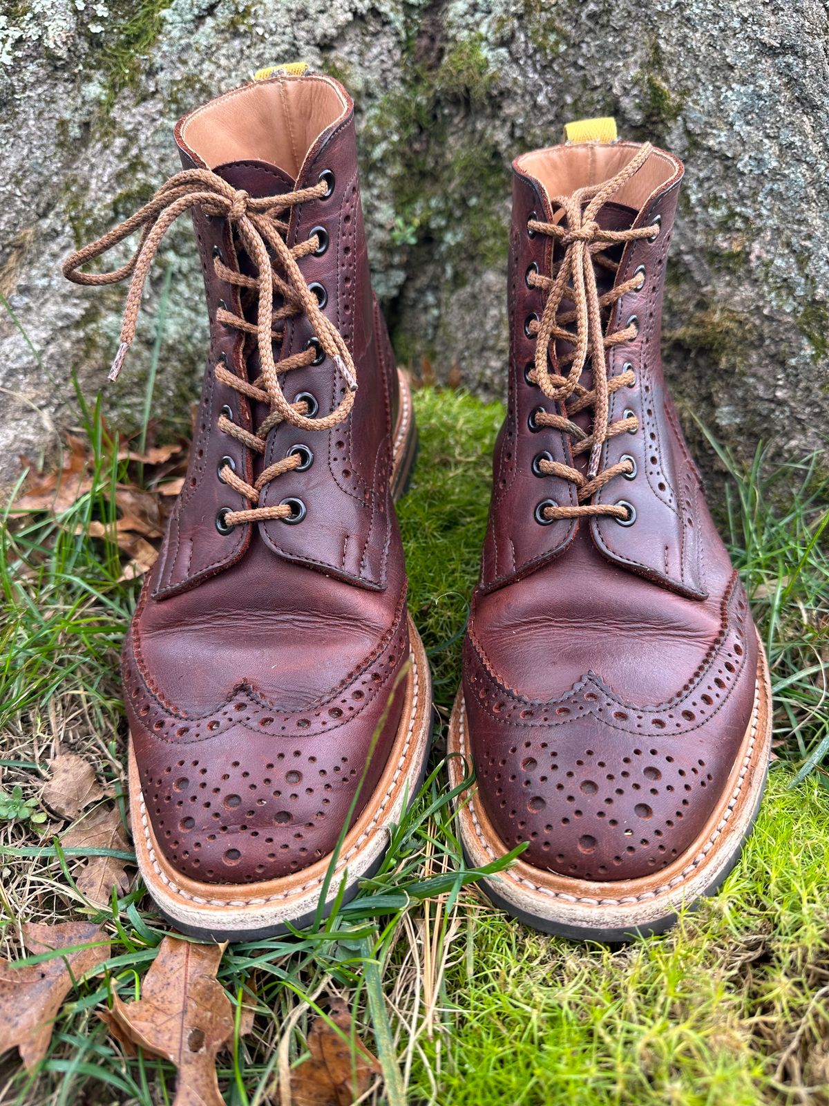 Photo by Ohmayer on November 1, 2023 of the Tricker's Stow Country Boot in C.F. Stead Bordeaux Oiled Shoulder.