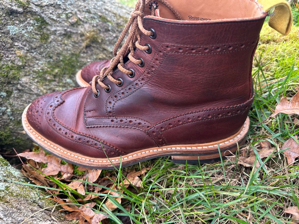 Photo by Ohmayer on November 1, 2023 of the Tricker's Stow Country Boot in C.F. Stead Bordeaux Oiled Shoulder.