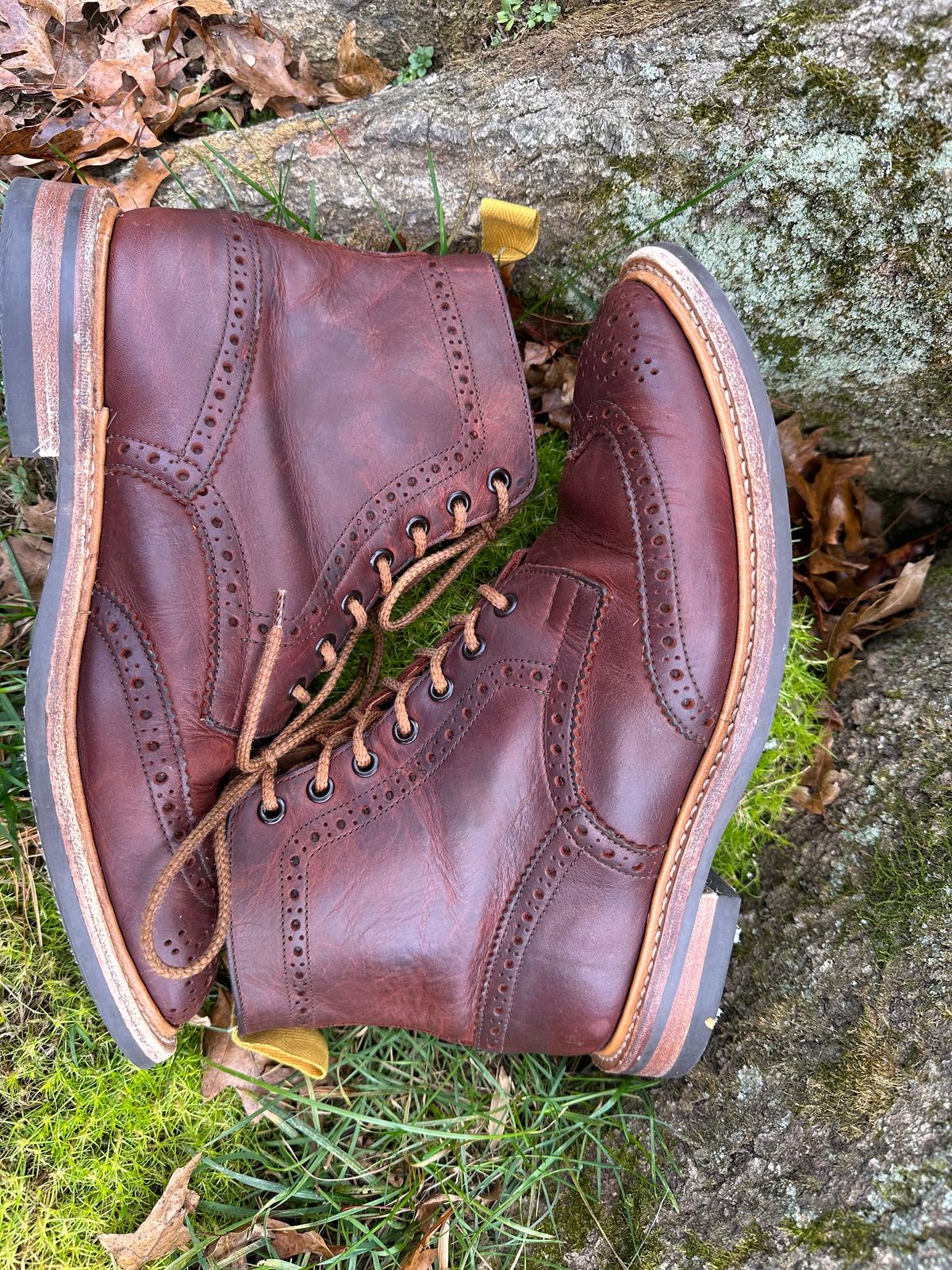 Photo by Ohmayer on November 1, 2023 of the Tricker's Stow Country Boot in C.F. Stead Bordeaux Oiled Shoulder.