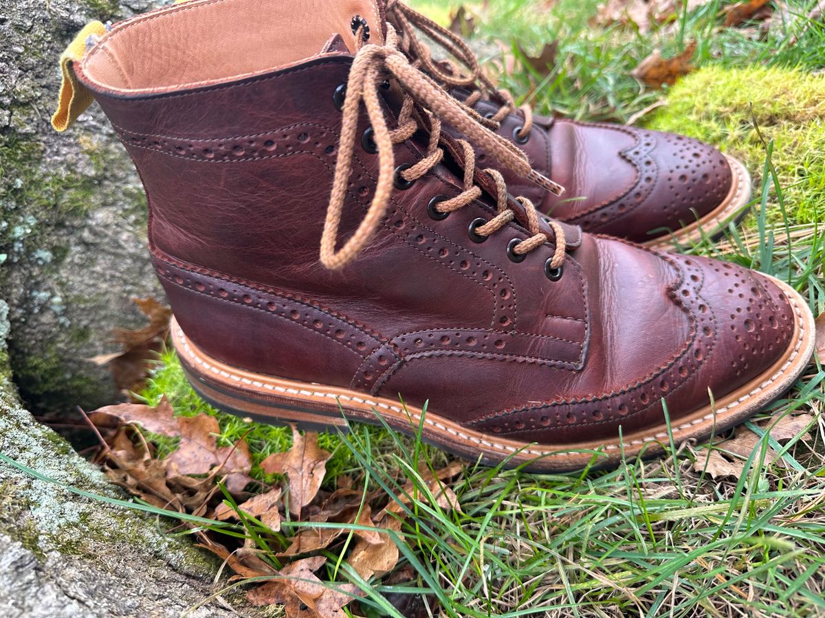 Photo by Ohmayer on November 1, 2023 of the Tricker's Stow Country Boot in C.F. Stead Bordeaux Oiled Shoulder.
