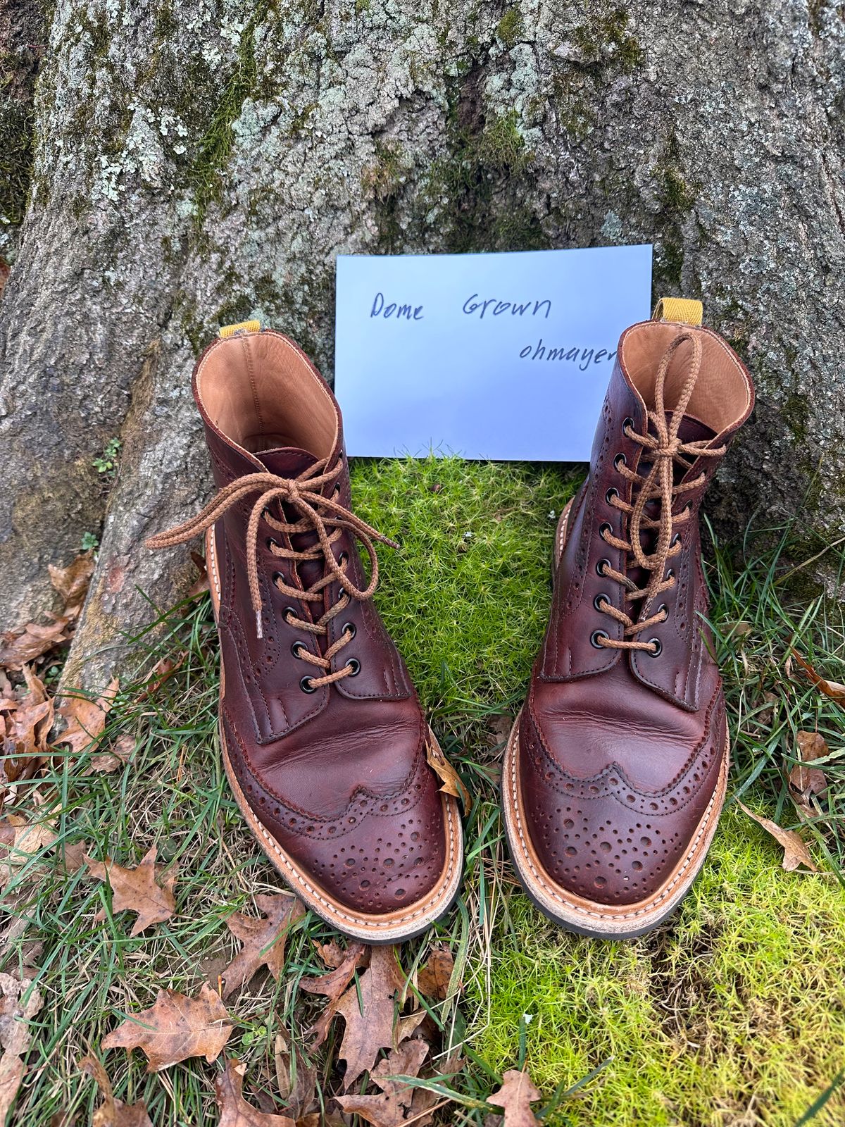 Photo by Ohmayer on November 1, 2023 of the Tricker's Stow Country Boot in C.F. Stead Bordeaux Oiled Shoulder.