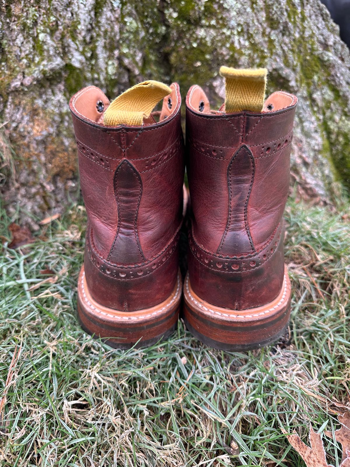 Photo by Ohmayer on December 5, 2023 of the Tricker's Stow Country Boot in C.F. Stead Bordeaux Oiled Shoulder.