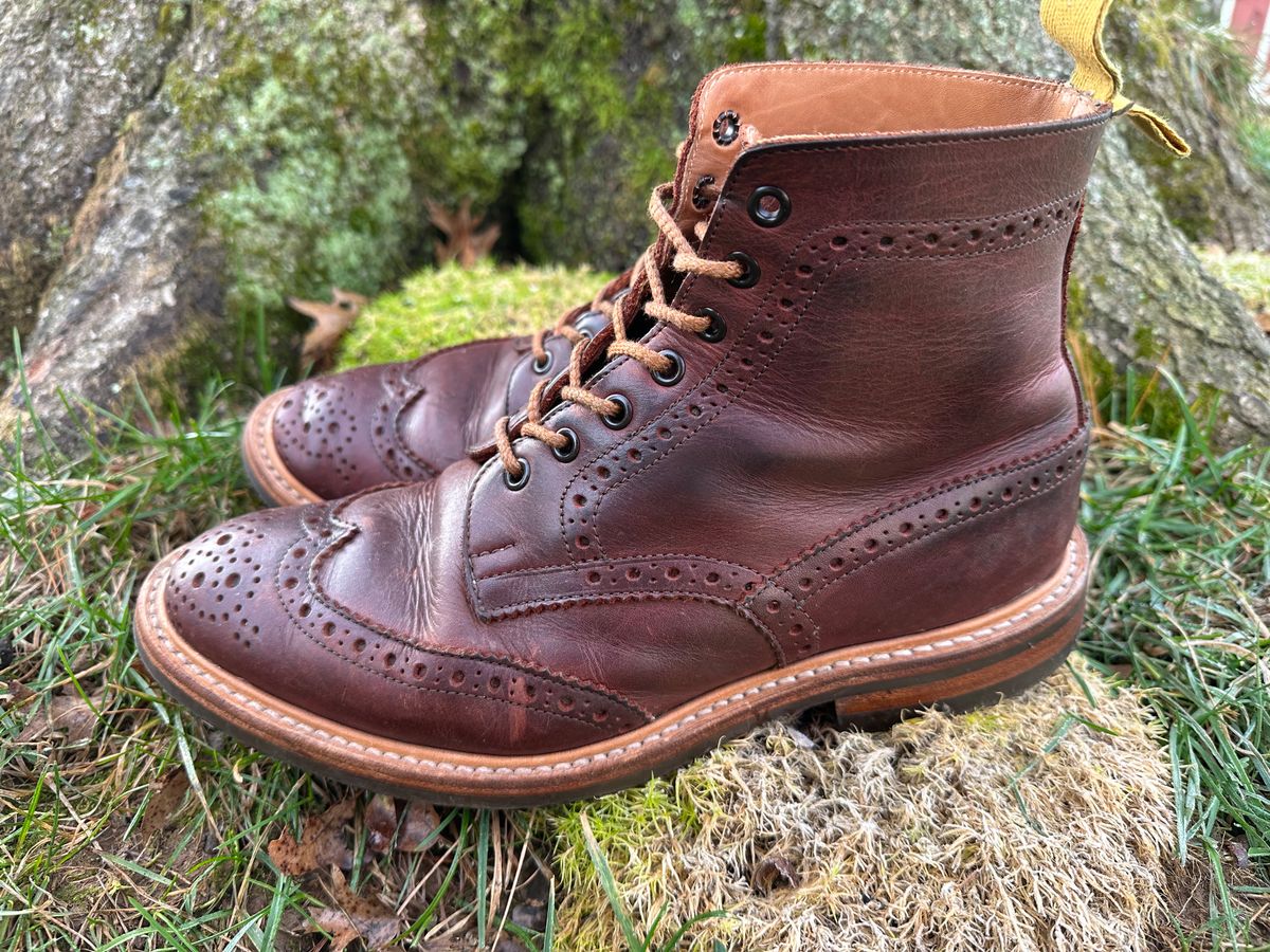 Photo by Ohmayer on December 5, 2023 of the Tricker's Stow Country Boot in C.F. Stead Bordeaux Oiled Shoulder.