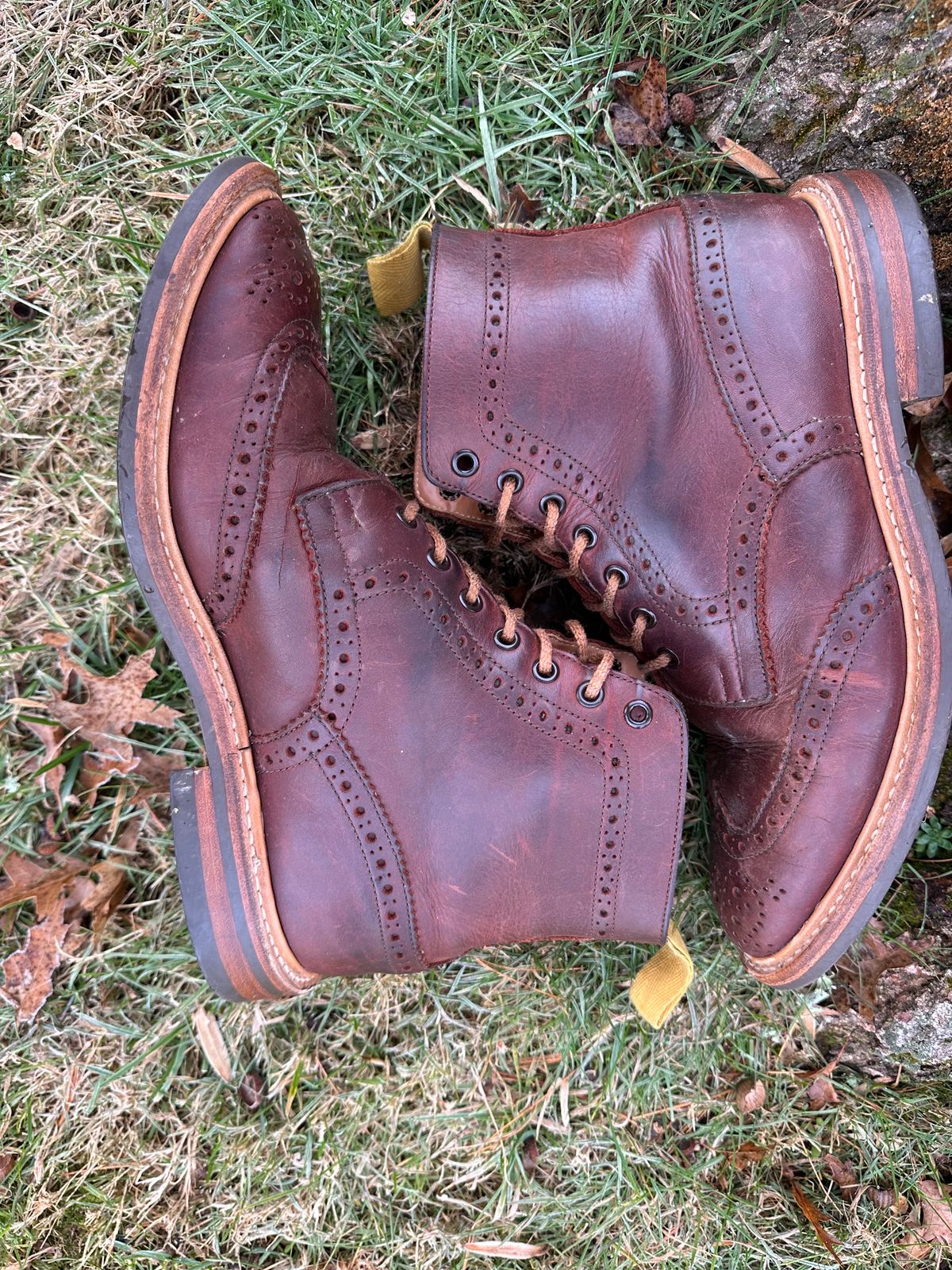 Photo by Ohmayer on December 5, 2023 of the Tricker's Stow Country Boot in C.F. Stead Bordeaux Oiled Shoulder.