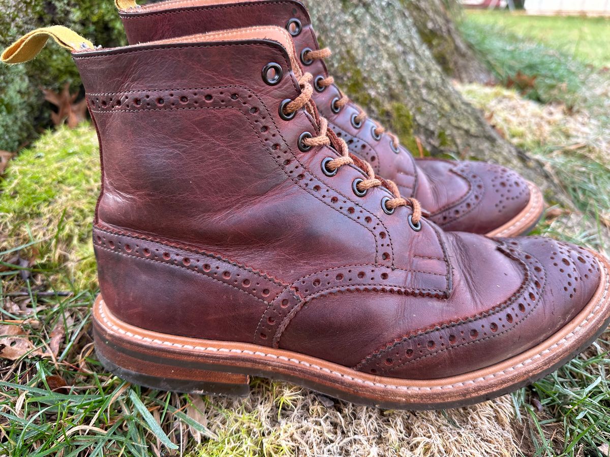 Photo by Ohmayer on December 5, 2023 of the Tricker's Stow Country Boot in C.F. Stead Bordeaux Oiled Shoulder.