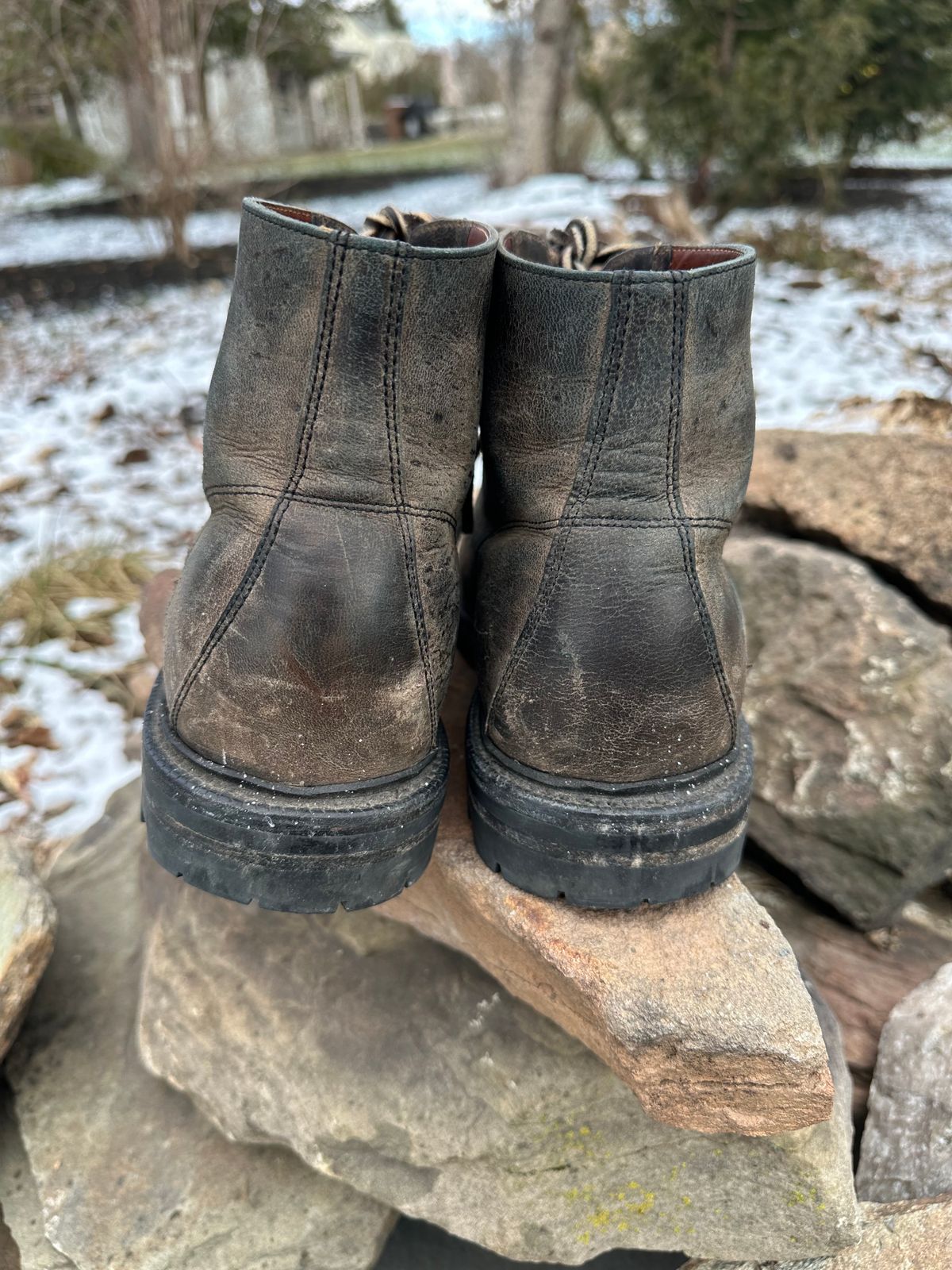 Photo by Ohmayer on January 4, 2025 of the Grant Stone Brass Boot in CF Stead Black Waxed Deerhide.