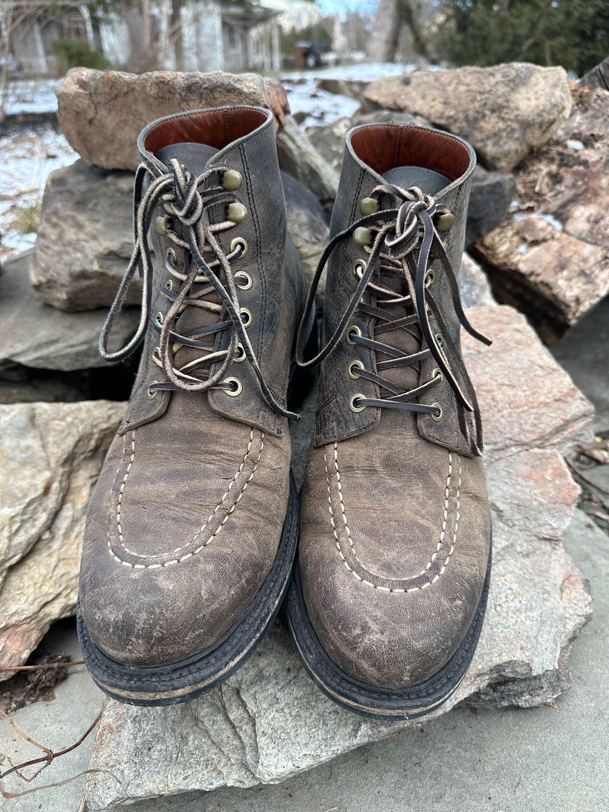Photo by Ohmayer on January 4, 2025 of the Grant Stone Brass Boot in CF Stead Black Waxed Deerhide.