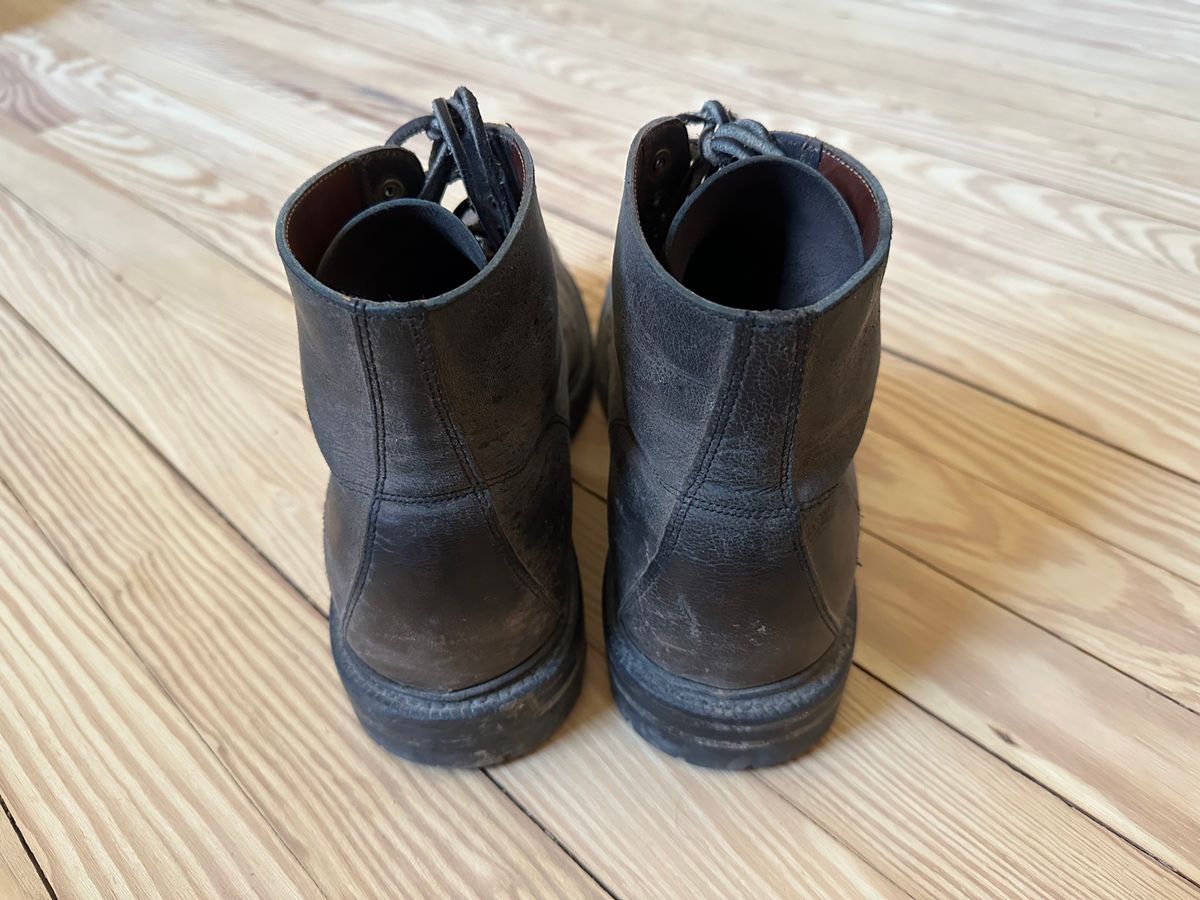 Photo by Ohmayer on March 2, 2025 of the Grant Stone Brass Boot in CF Stead Black Waxed Deerhide.