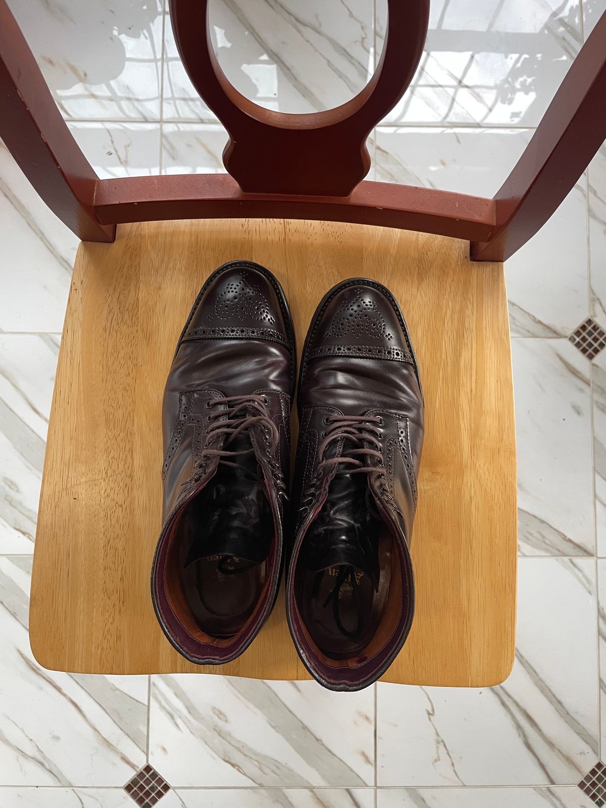 Photo by harshhappens on December 5, 2023 of the Alden Medallion Cap Toe Boot in Horween Color 8 Shell Cordovan.