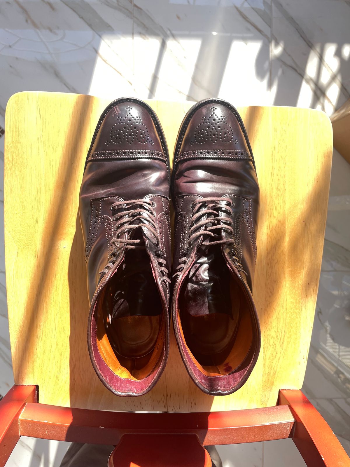 Photo by harshhappens on January 5, 2024 of the Alden Medallion Cap Toe Boot in Horween Color 8 Shell Cordovan.