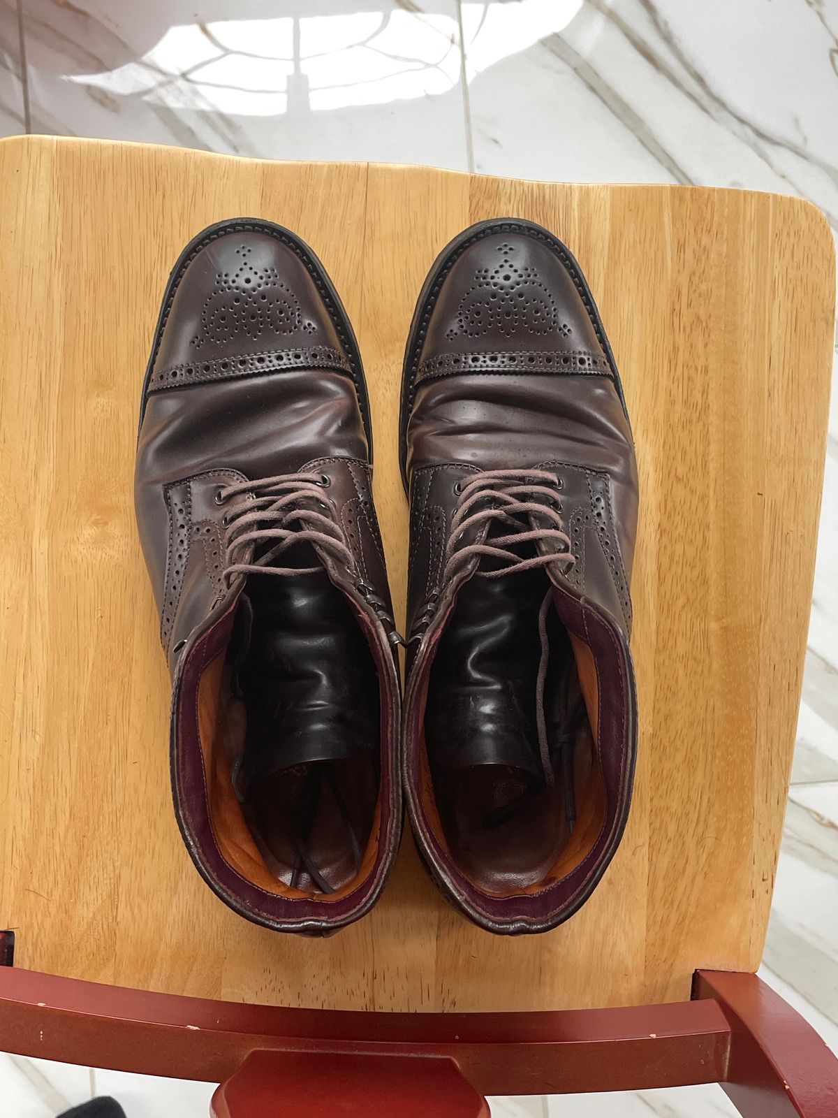 Photo by harshhappens on March 5, 2024 of the Alden Medallion Cap Toe Boot in Horween Color 8 Shell Cordovan.