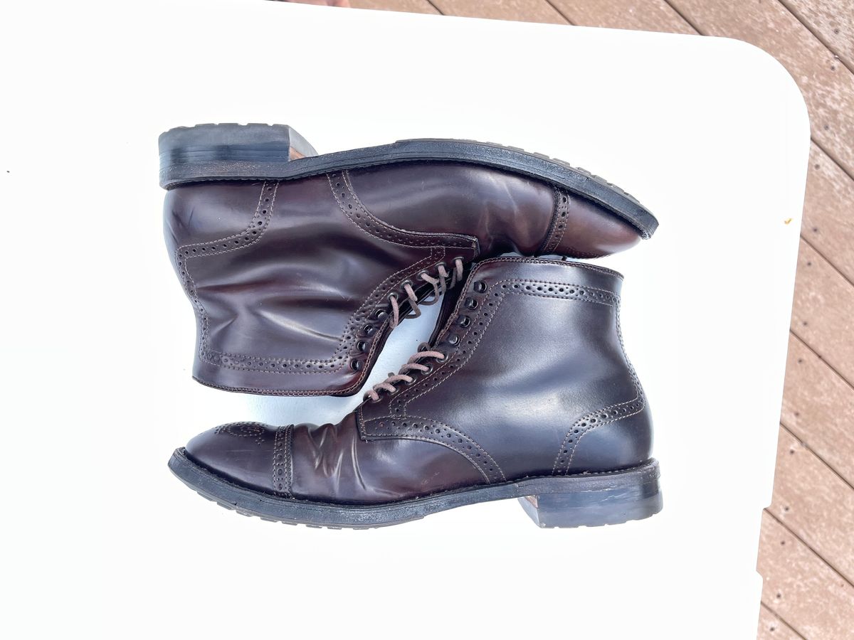 Photo by harshhappens on April 1, 2024 of the Alden Medallion Cap Toe Boot in Horween Color 8 Shell Cordovan.