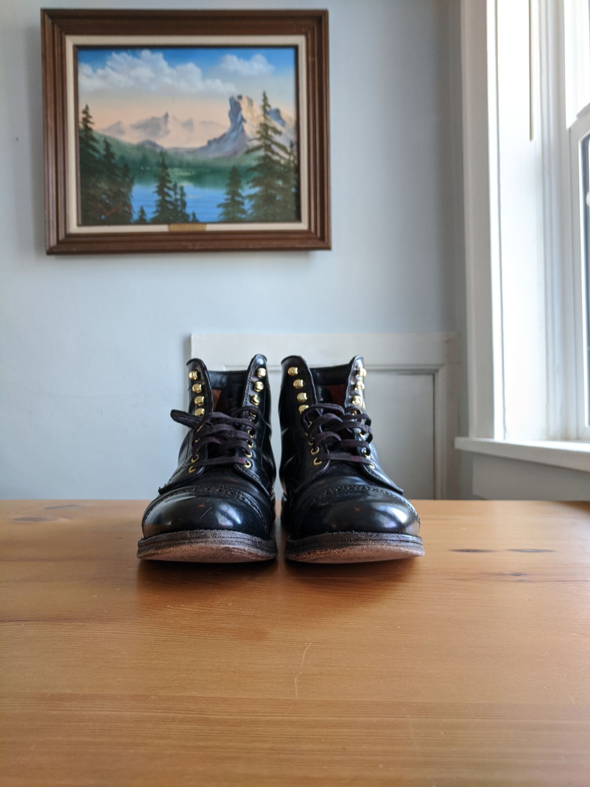 Photo by whippoorwill on February 4, 2023 of the Alden Perforated Cap Toe Boot in Horween Black Shell Cordovan.