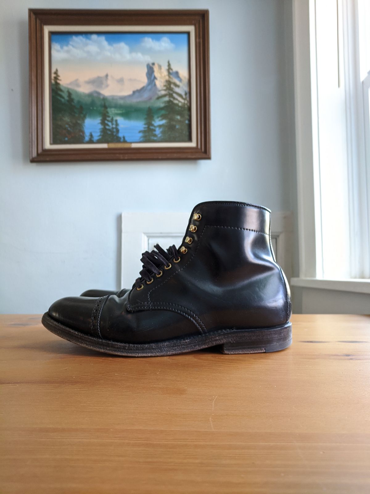 Photo by whippoorwill on February 4, 2023 of the Alden Perforated Cap Toe Boot in Horween Black Shell Cordovan.