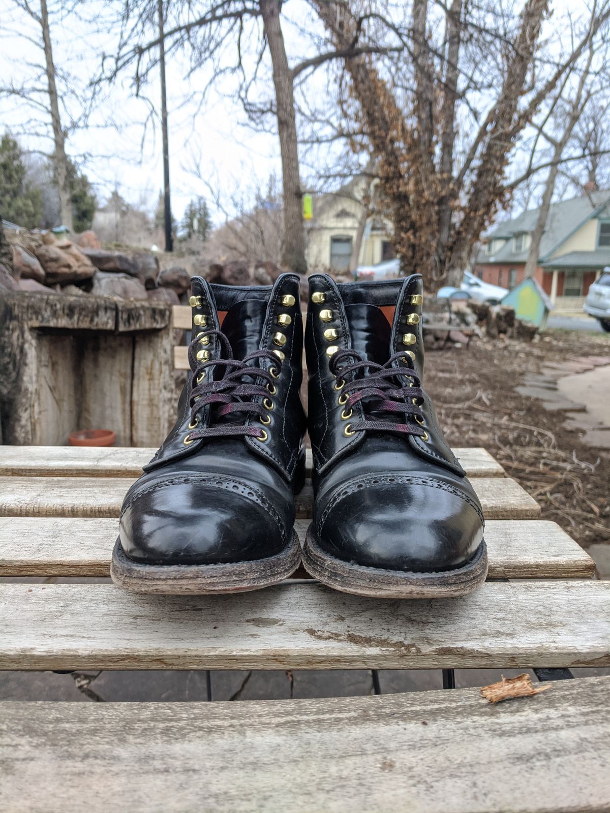 Photo by whippoorwill on March 2, 2023 of the Alden Perforated Cap Toe Boot in Horween Black Shell Cordovan.