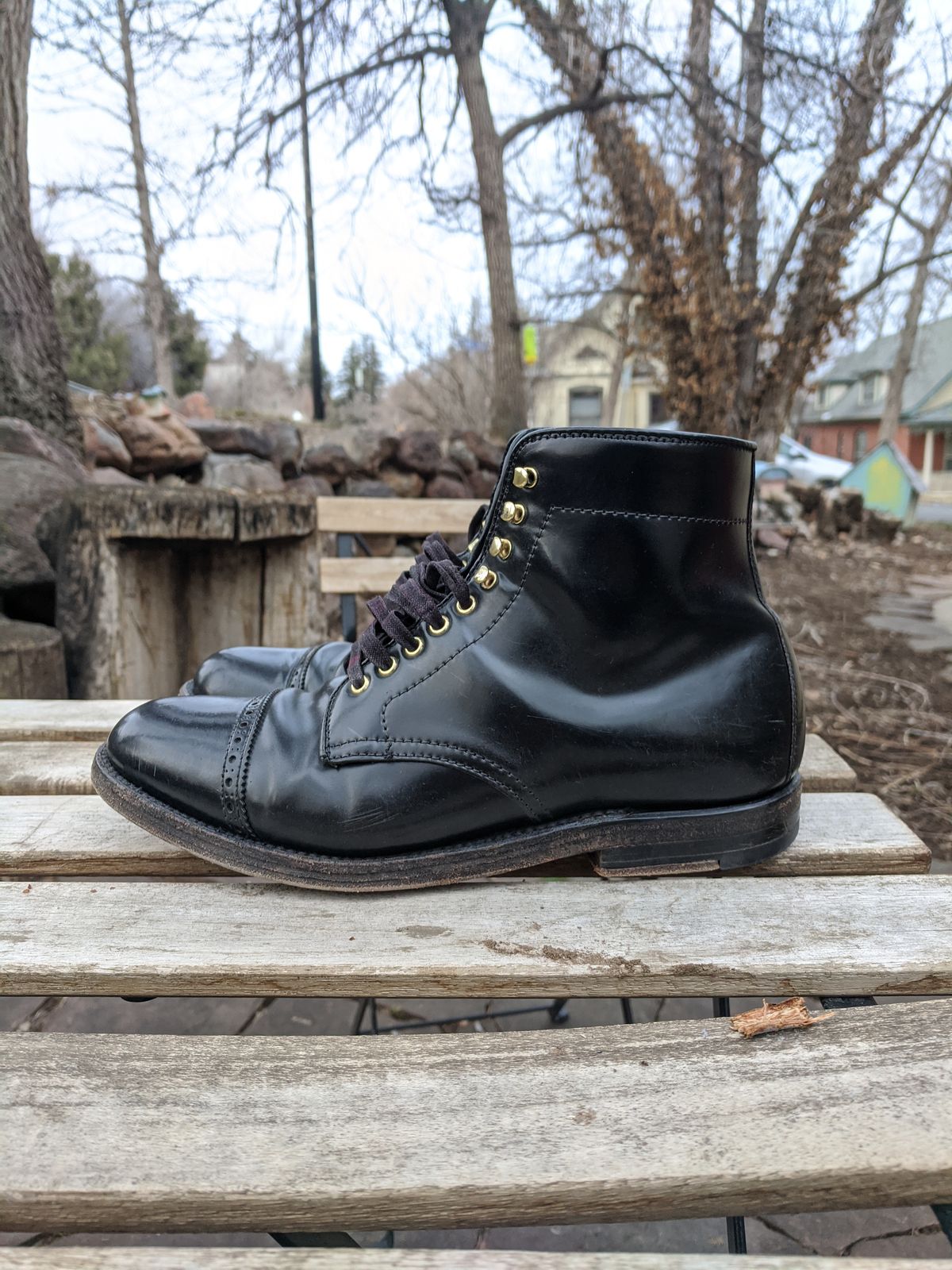 Photo by whippoorwill on March 2, 2023 of the Alden Perforated Cap Toe Boot in Horween Black Shell Cordovan.