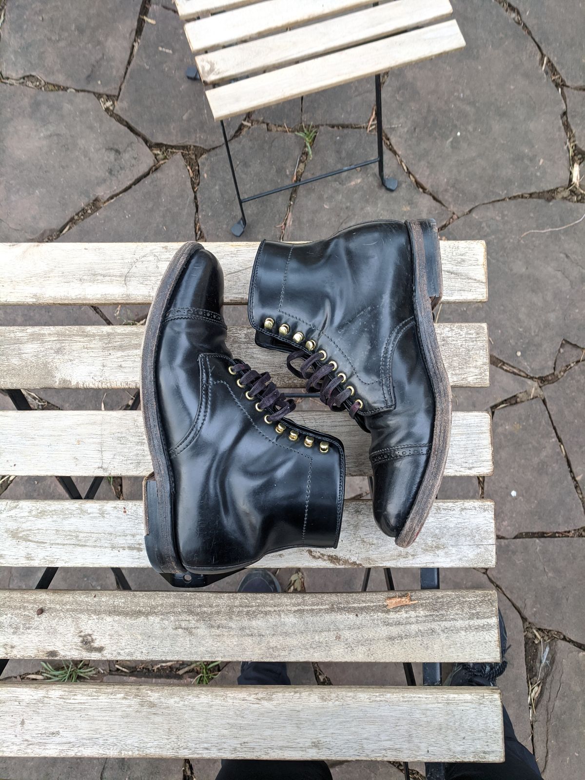 Photo by whippoorwill on March 2, 2023 of the Alden Perforated Cap Toe Boot in Horween Black Shell Cordovan.