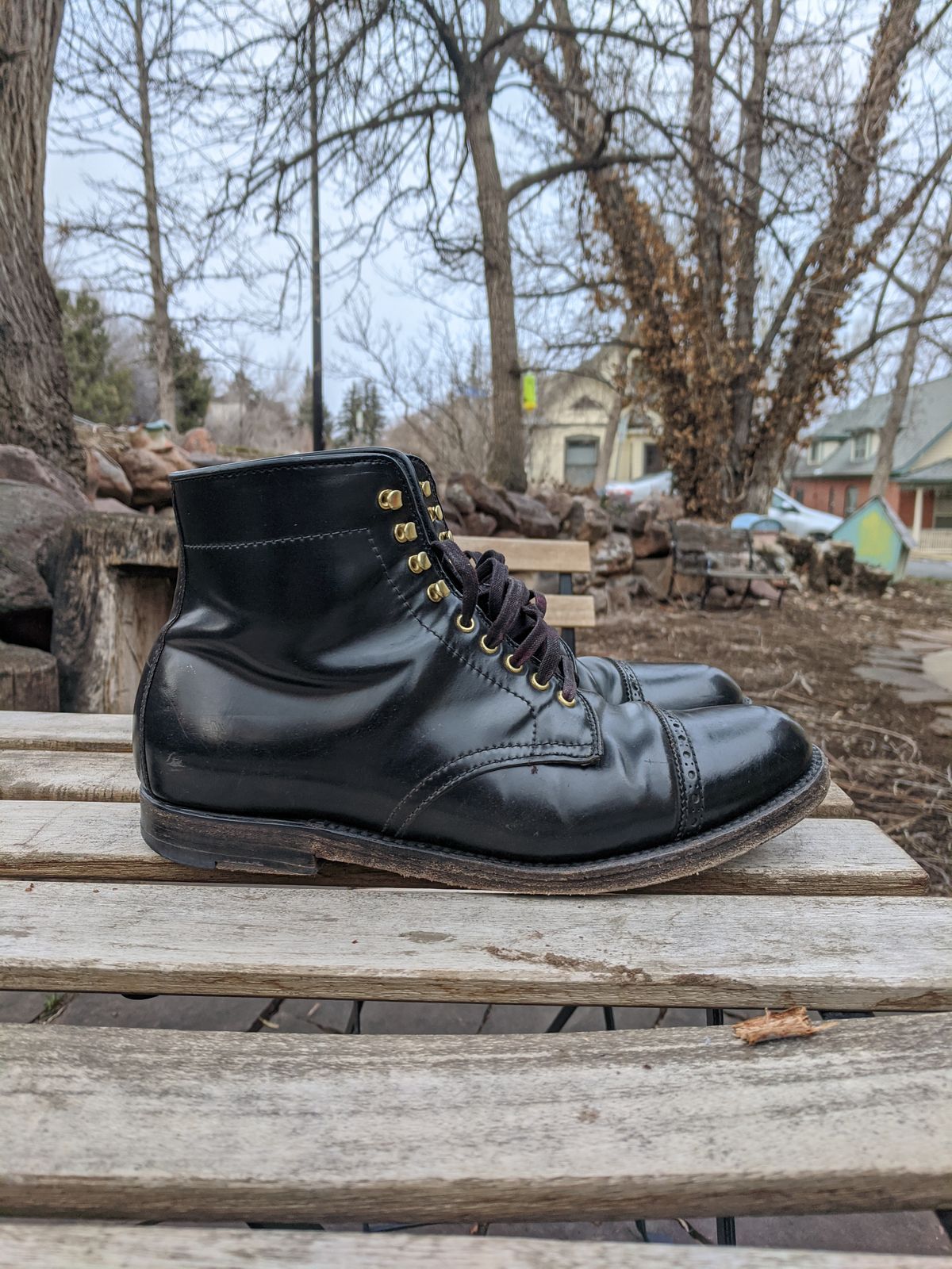 Photo by whippoorwill on March 2, 2023 of the Alden Perforated Cap Toe Boot in Horween Black Shell Cordovan.