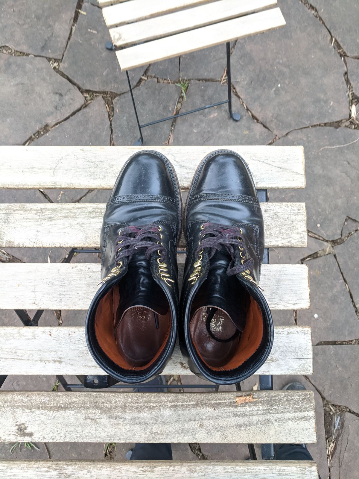 Photo by whippoorwill on March 2, 2023 of the Alden Perforated Cap Toe Boot in Horween Black Shell Cordovan.