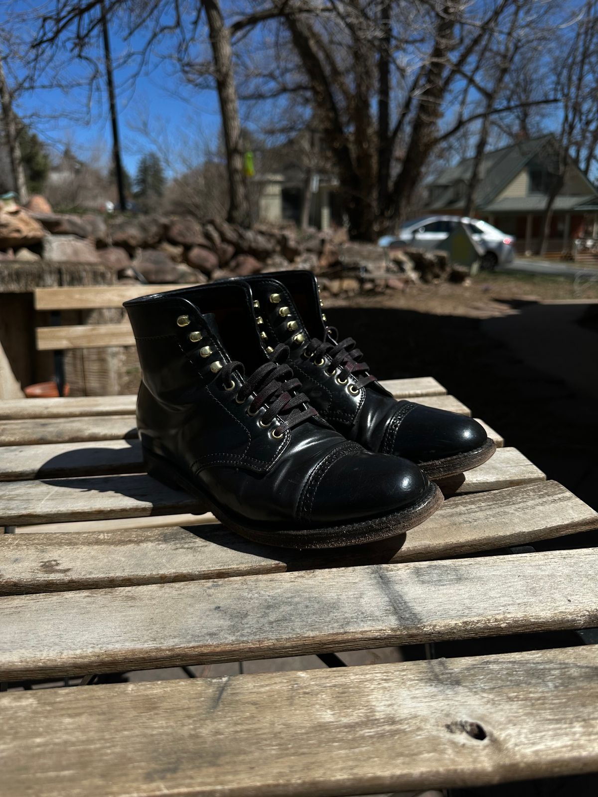 Photo by whippoorwill on April 1, 2023 of the Alden Perforated Cap Toe Boot in Horween Black Shell Cordovan.