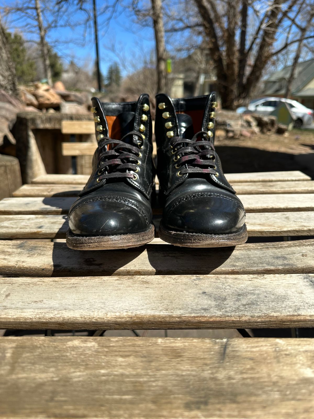 Photo by whippoorwill on April 1, 2023 of the Alden Perforated Cap Toe Boot in Horween Black Shell Cordovan.