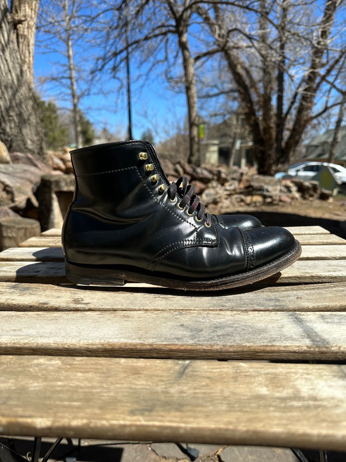 Photo by whippoorwill on April 1, 2023 of the Alden Perforated Cap Toe Boot in Horween Black Shell Cordovan.