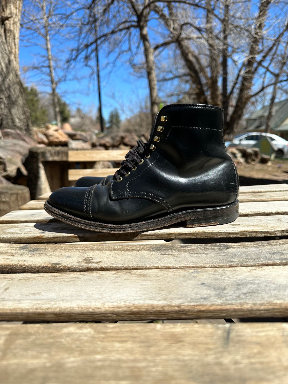 Photo by whippoorwill on April 1, 2023 of the Alden Perforated Cap Toe Boot in Horween Black Shell Cordovan.