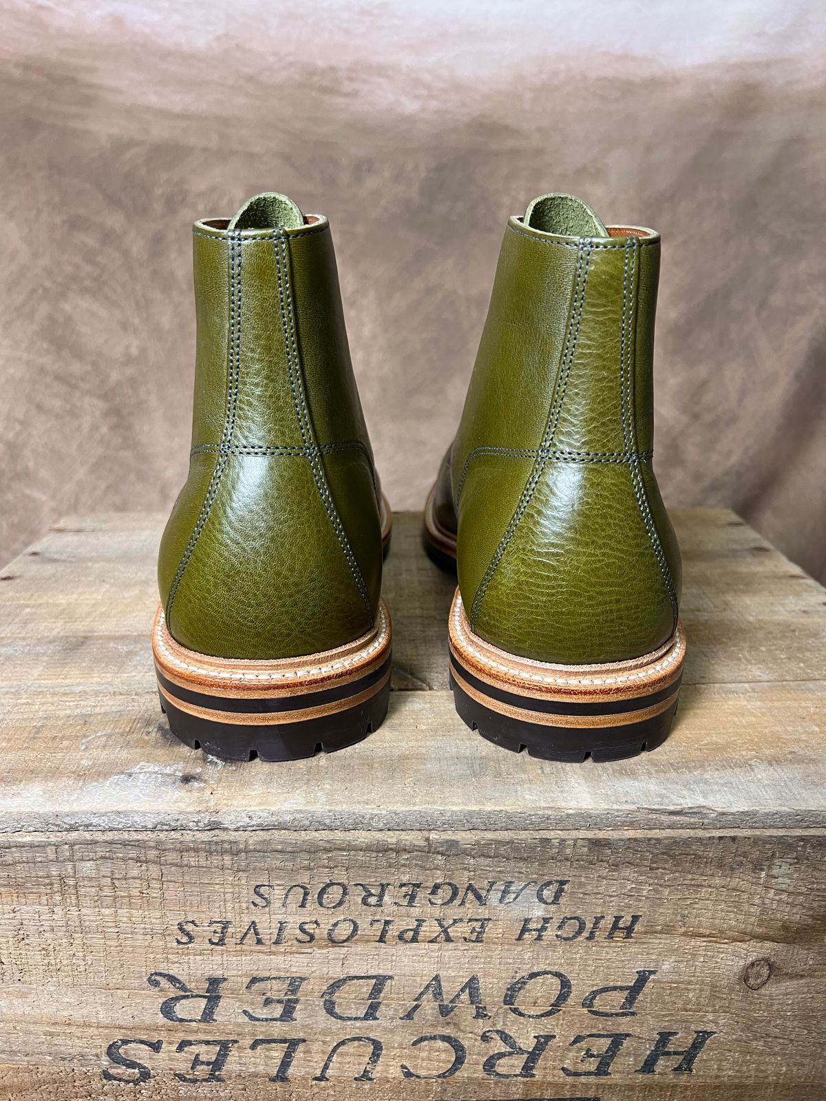 Photo by TheHobbyCobbler on September 30, 2025 of the Grant Stone Brass Boot in Badalassi Carlo Oliva Minerva Liscio.