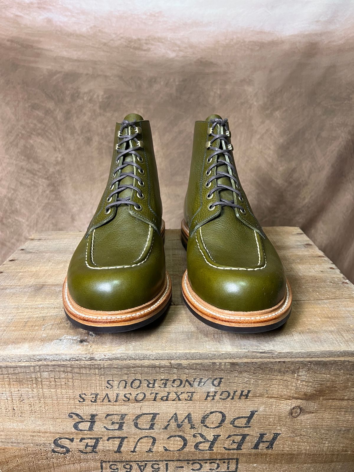 Photo by TheHobbyCobbler on September 30, 2025 of the Grant Stone Brass Boot in Badalassi Carlo Oliva Minerva Liscio.