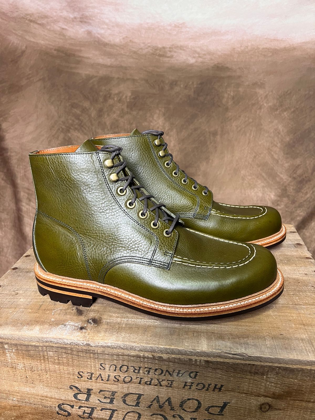 Photo by TheHobbyCobbler on September 30, 2025 of the Grant Stone Brass Boot in Badalassi Carlo Oliva Minerva Liscio.