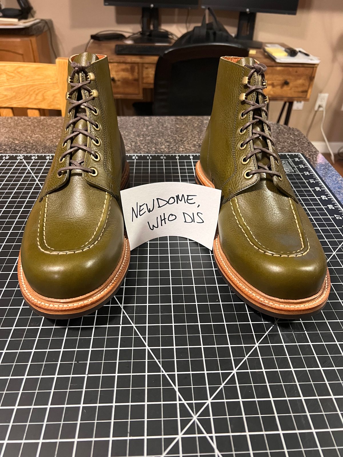 Photo by TheHobbyCobbler on October 1, 2025 of the Grant Stone Brass Boot in Badalassi Carlo Oliva Minerva Liscio.