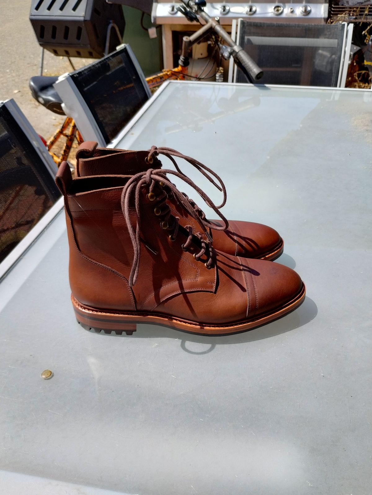 Photo by ScoutZekey on October 2, 2023 of the Blkbrd Shoemaker Dixon Cap Toe Derby Boot in Unknown Leather.
