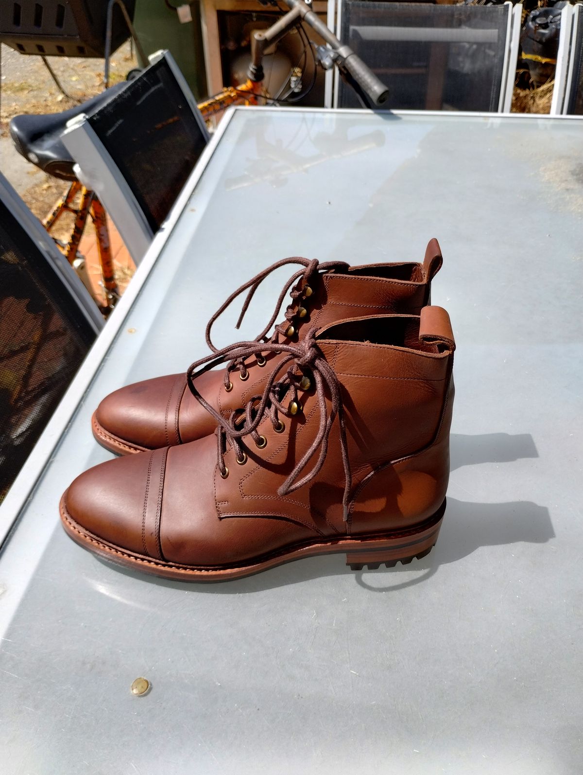 Photo by ScoutZekey on October 2, 2023 of the Blkbrd Shoemaker Dixon Cap Toe Derby Boot in Unknown Leather.