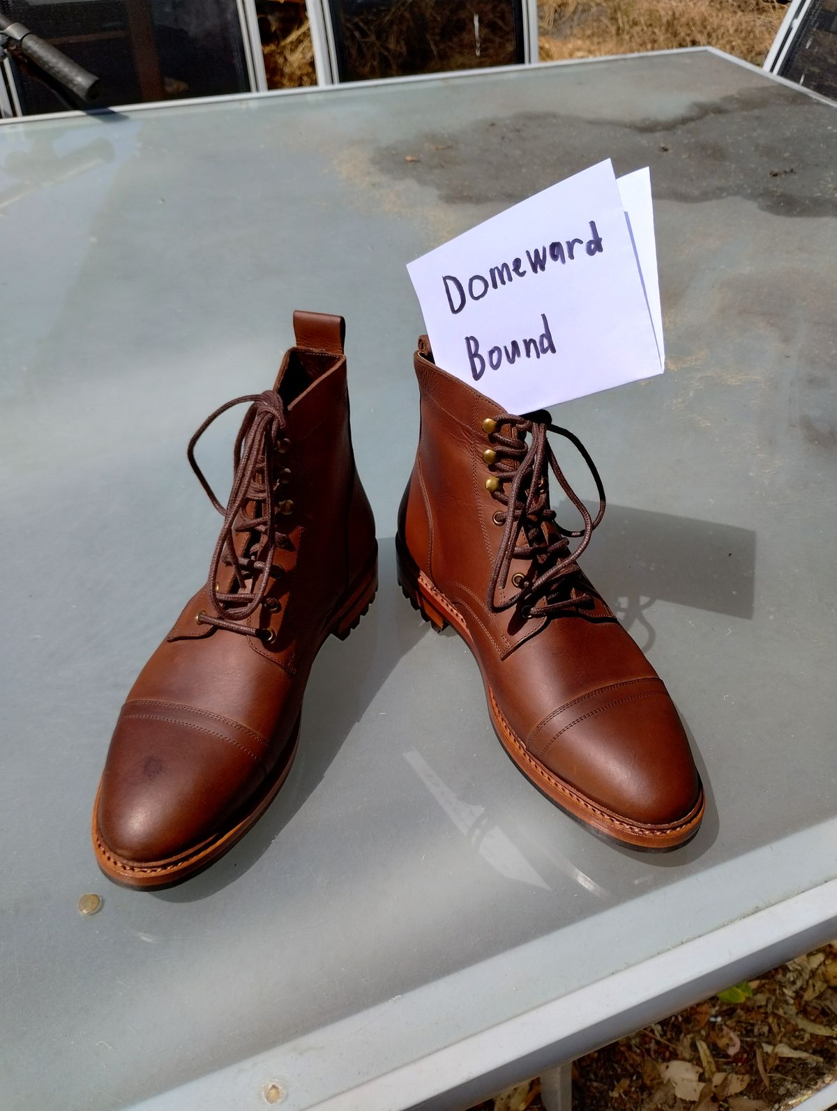 Photo by ScoutZekey on October 2, 2023 of the Blkbrd Shoemaker Dixon Cap Toe Derby Boot in Unknown Leather.