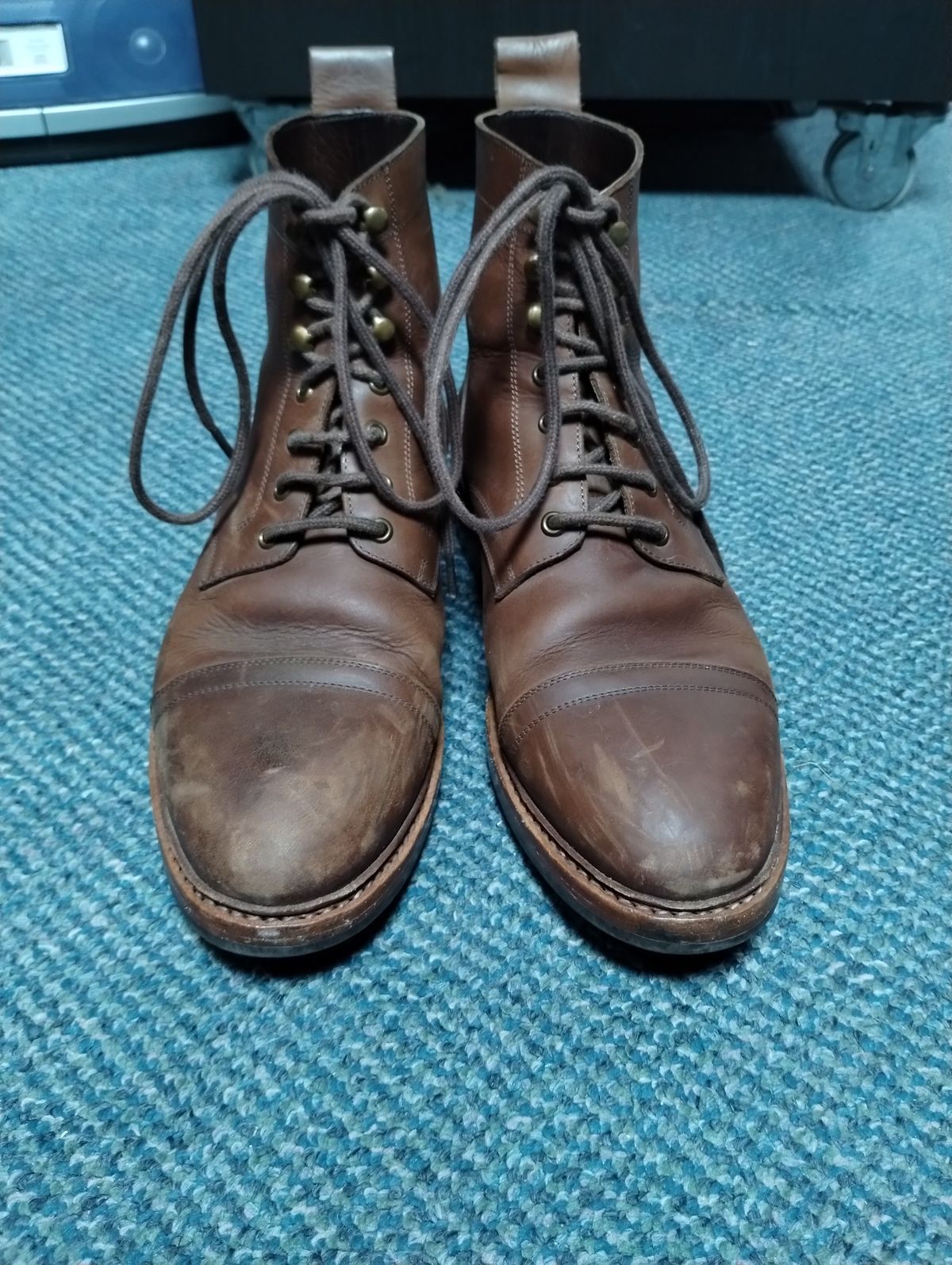 Photo by ScoutZekey on April 3, 2024 of the Blkbrd Shoemaker Dixon Cap Toe Derby Boot in Unknown Leather.