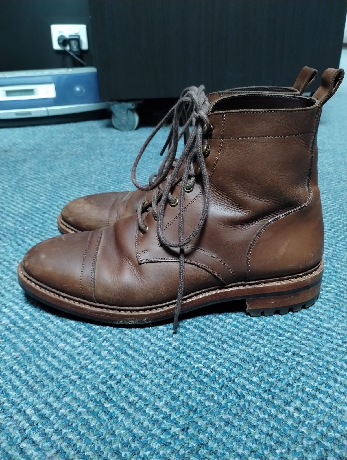 Photo by ScoutZekey on April 3, 2024 of the Blkbrd Shoemaker Dixon Cap Toe Derby Boot in Unknown Leather.