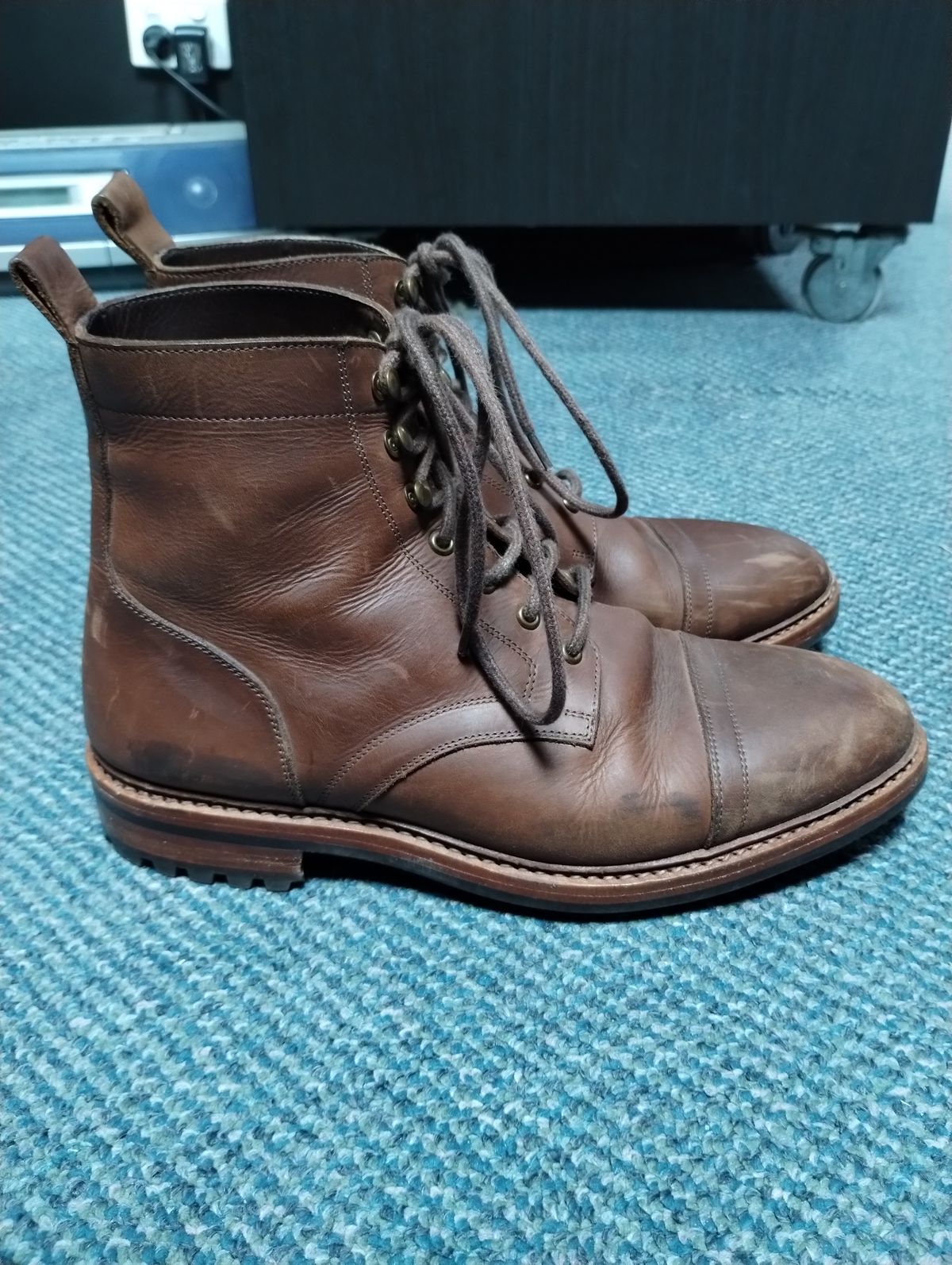 Photo by ScoutZekey on April 3, 2024 of the Blkbrd Shoemaker Dixon Cap Toe Derby Boot in Unknown Leather.