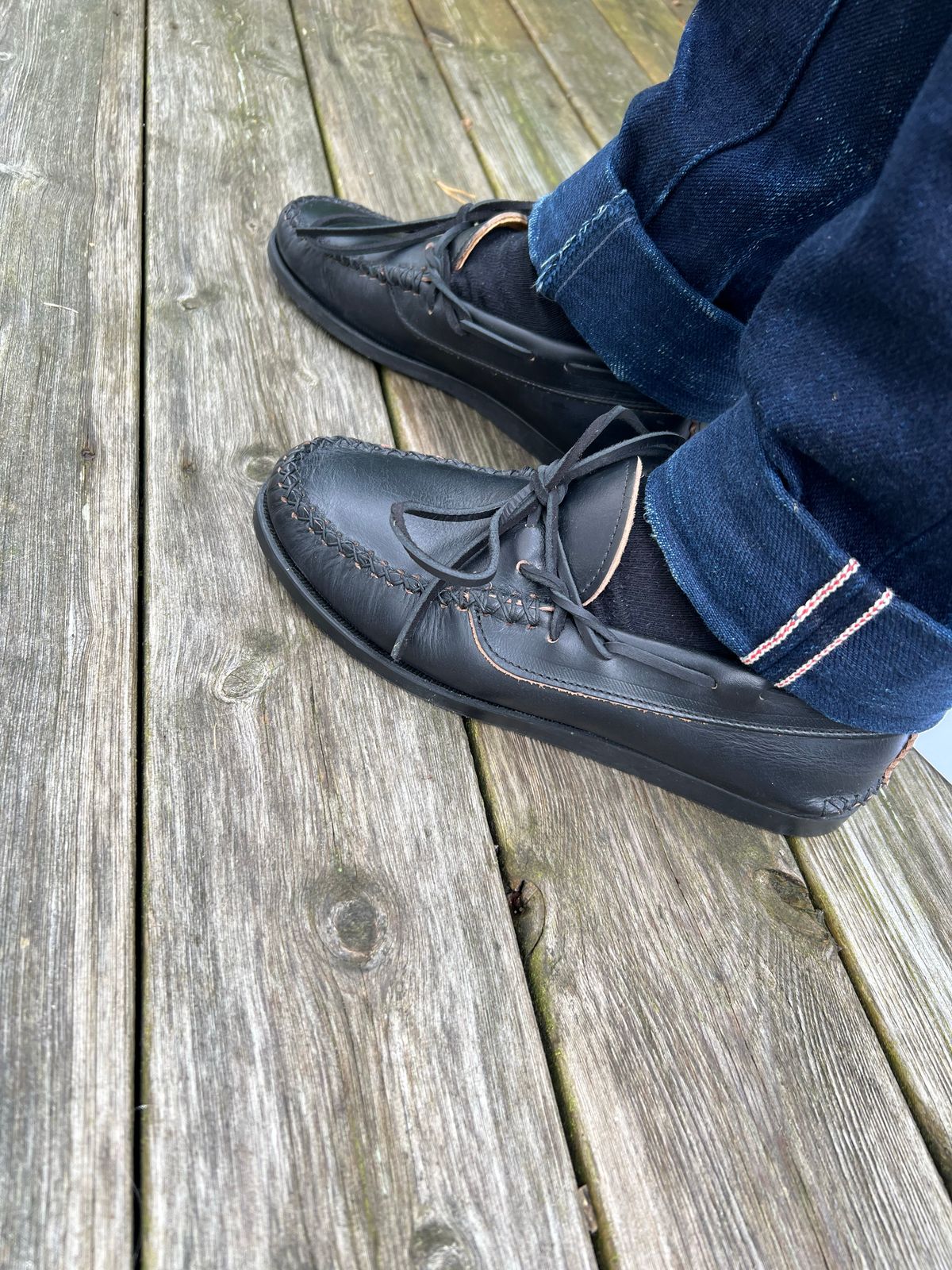Photo by Snowcrashdenim on October 1, 2022 of the Yuketen Canoe Moc in Horween Black Chromexcel.