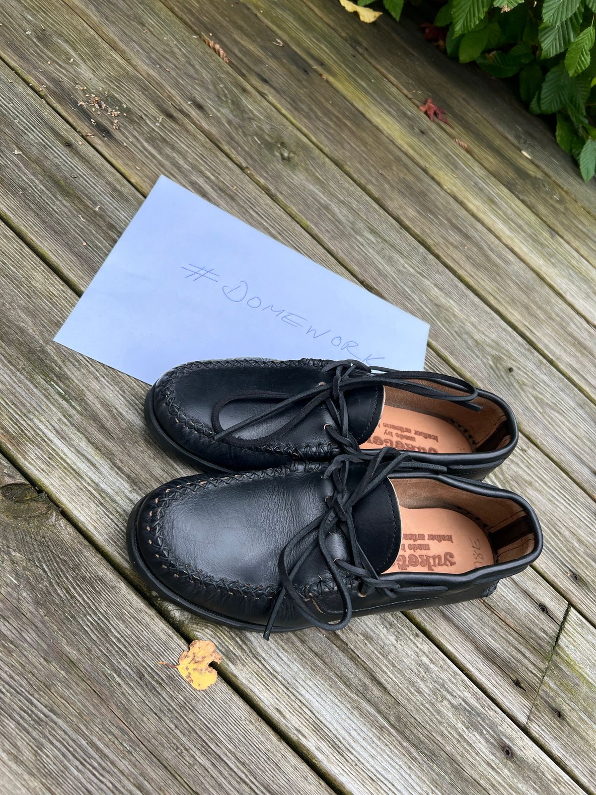 Photo by Snowcrashdenim on October 1, 2022 of the Yuketen Canoe Moc in Horween Black Chromexcel.