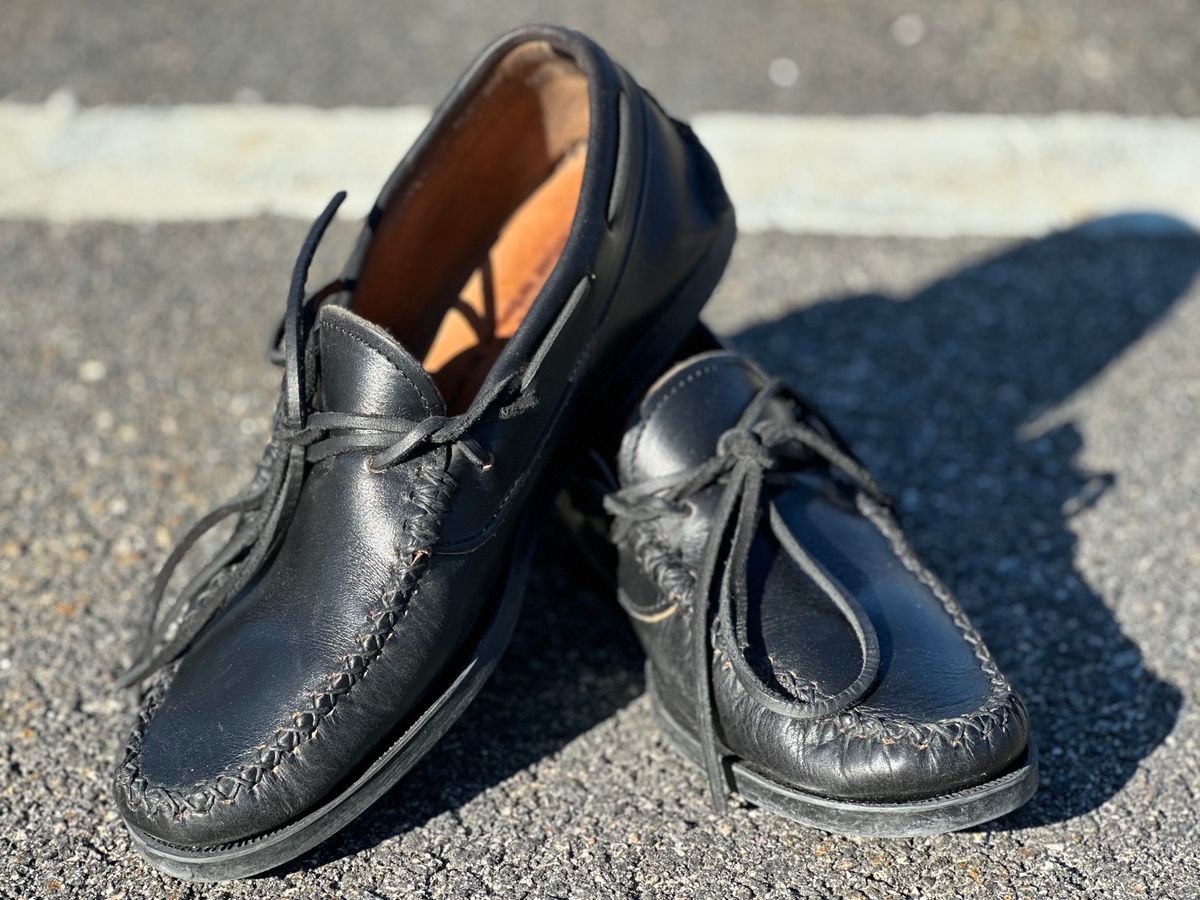 Photo by Snowcrashdenim on April 5, 2023 of the Yuketen Canoe Moc in Horween Black Chromexcel.