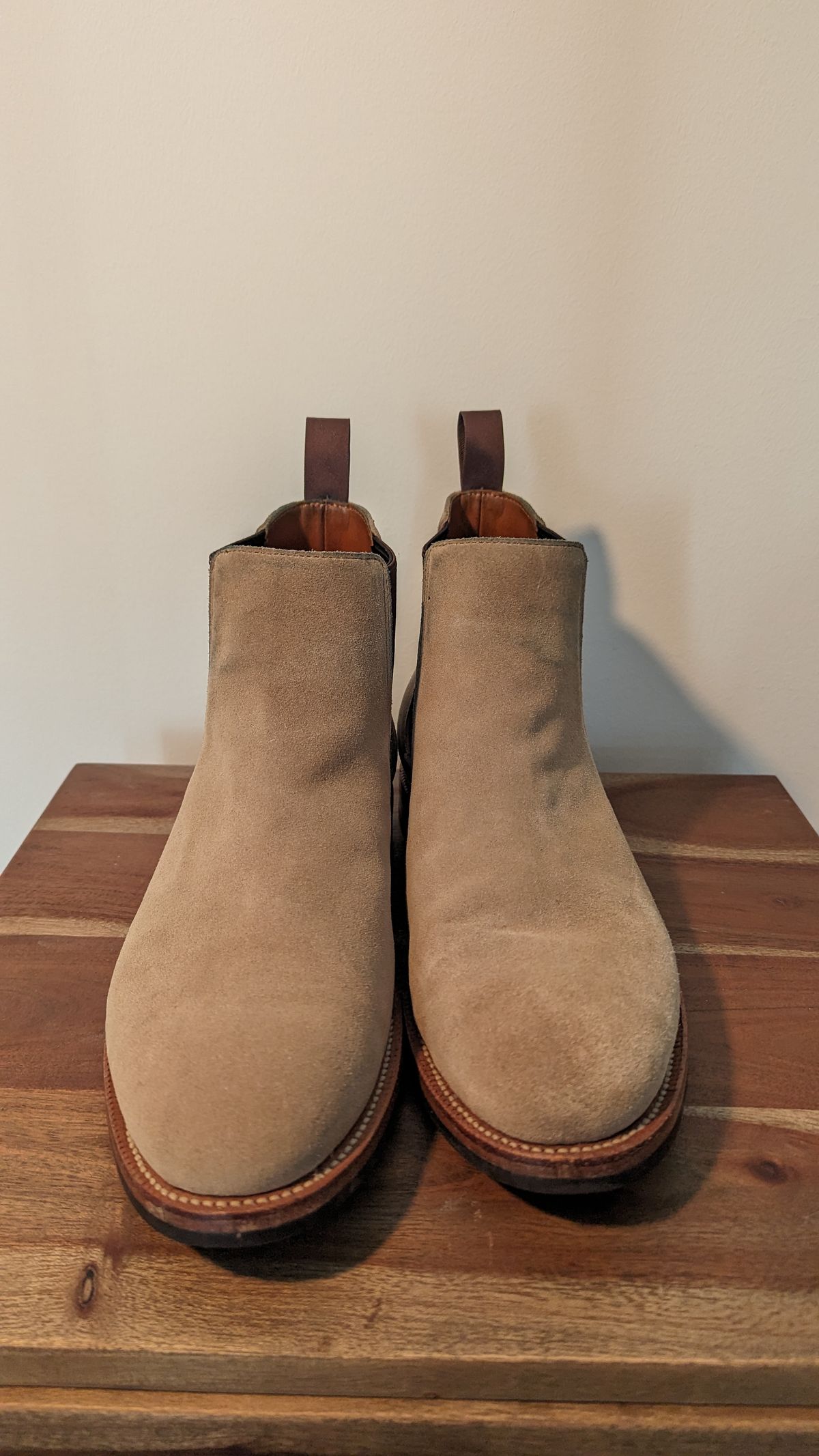 Photo by StinkyWizzleTeets14 on October 3, 2023 of the Grant Stone Chelsea Boot in C.F. Stead Ivory Suede.