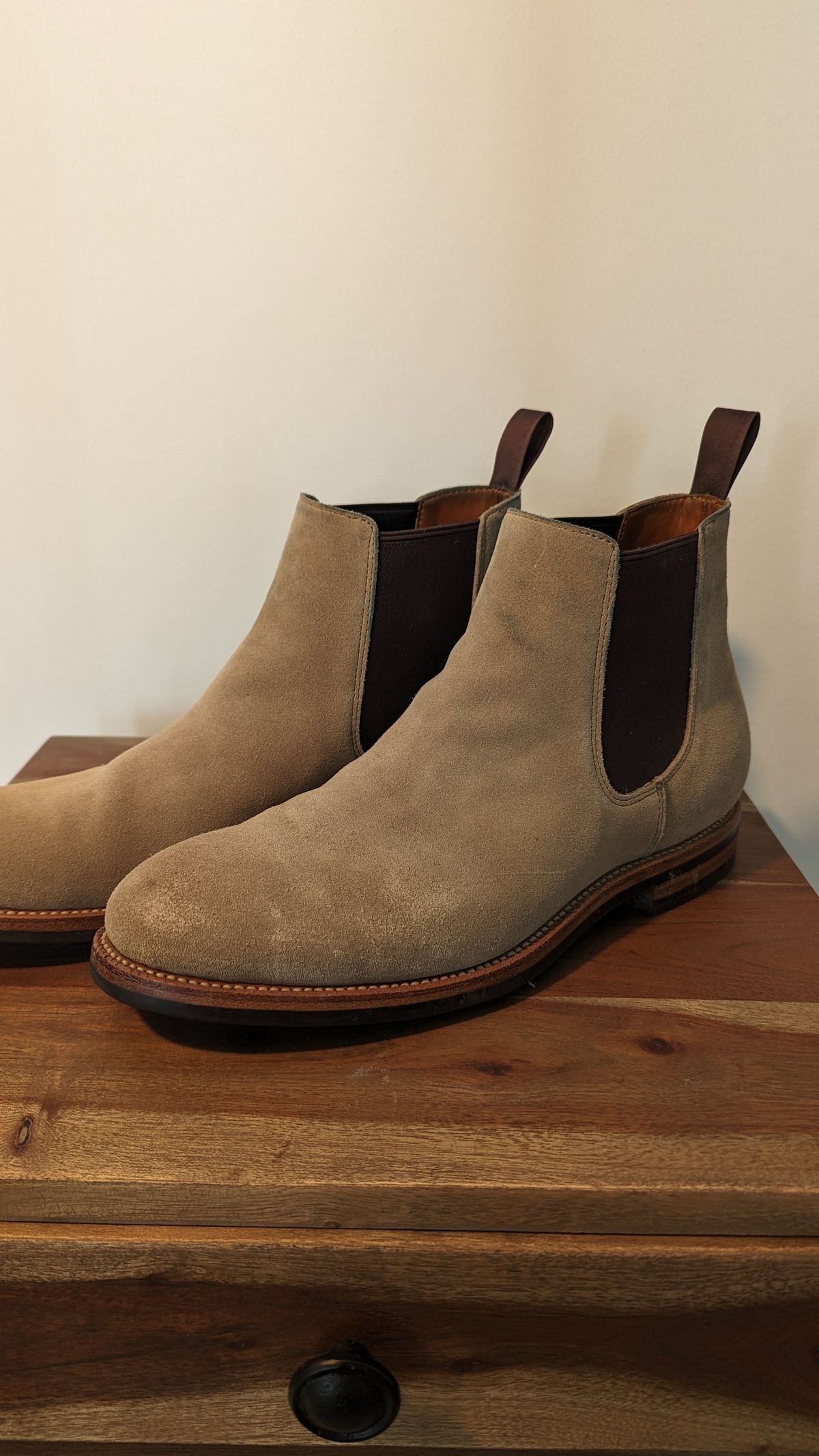 Photo by StinkyWizzleTeets14 on October 3, 2023 of the Grant Stone Chelsea Boot in C.F. Stead Ivory Suede.