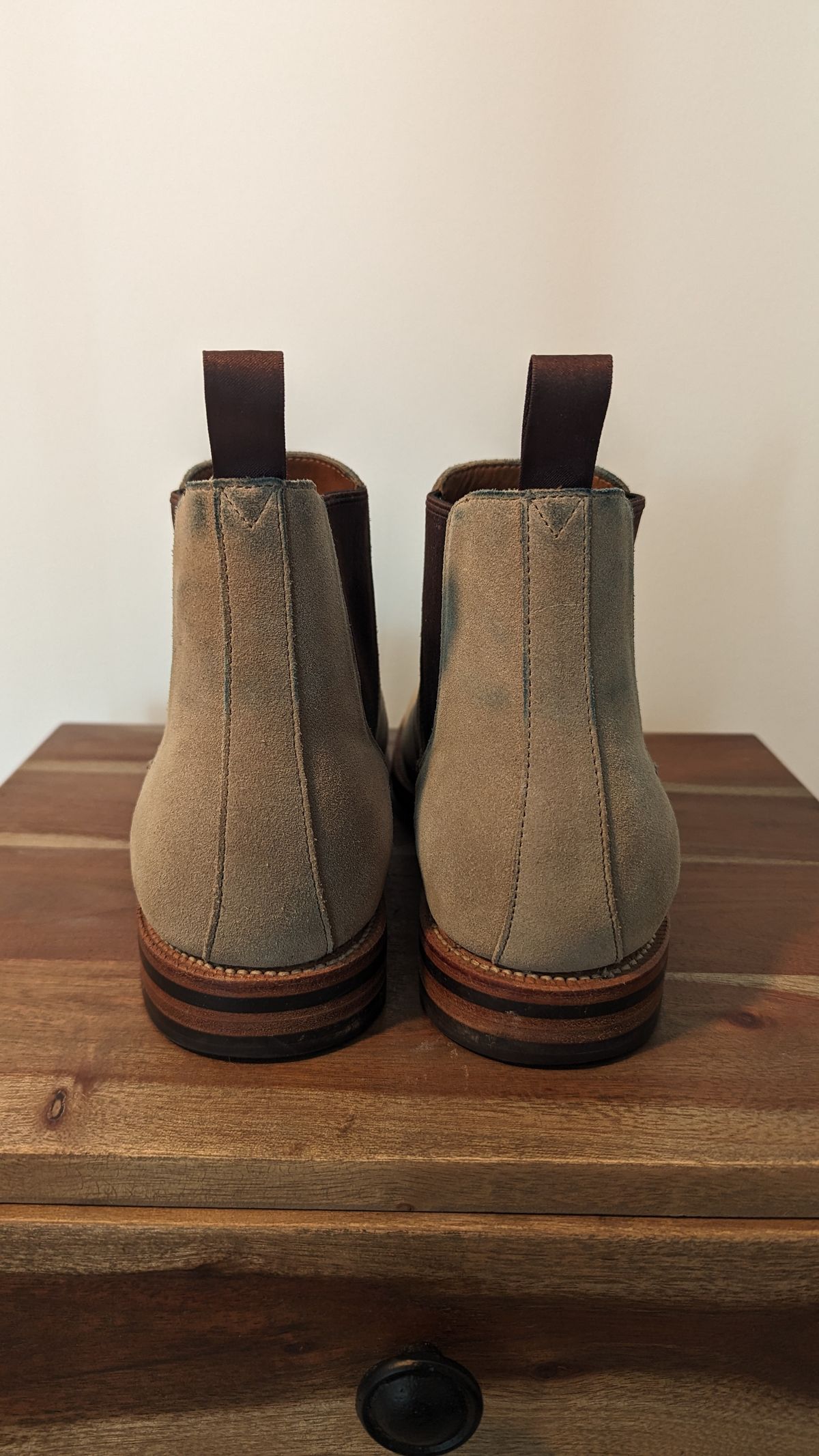 Photo by StinkyWizzleTeets14 on October 3, 2023 of the Grant Stone Chelsea Boot in C.F. Stead Ivory Suede.