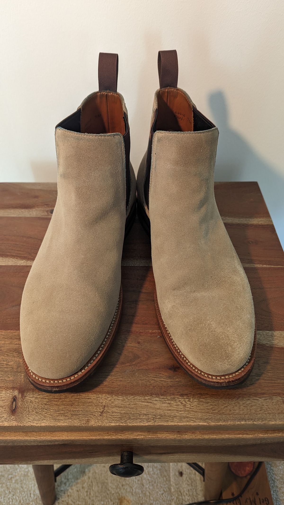 Photo by StinkyWizzleTeets14 on October 3, 2023 of the Grant Stone Chelsea Boot in C.F. Stead Ivory Suede.