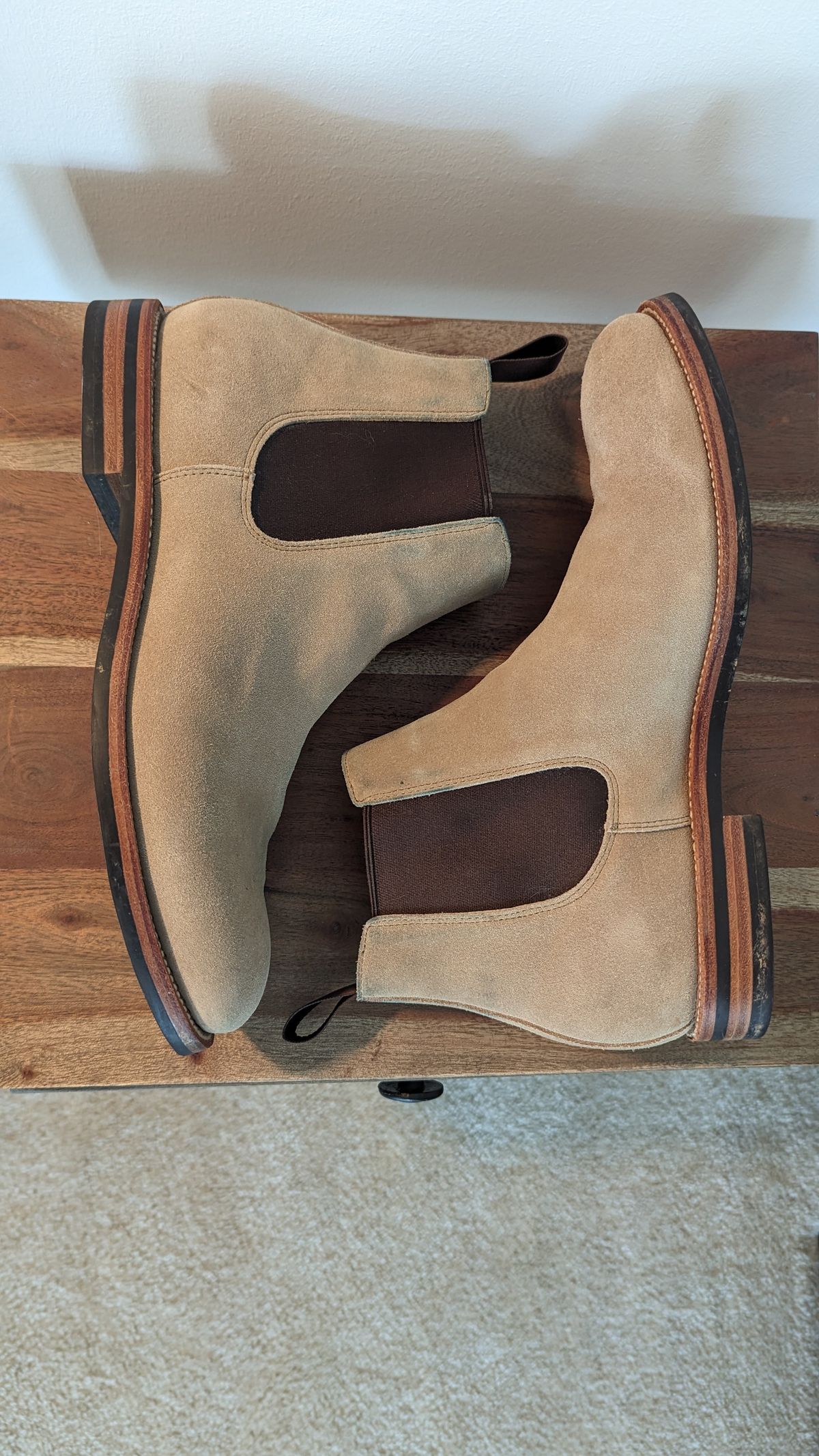 Photo by StinkyWizzleTeets14 on October 3, 2023 of the Grant Stone Chelsea Boot in C.F. Stead Ivory Suede.